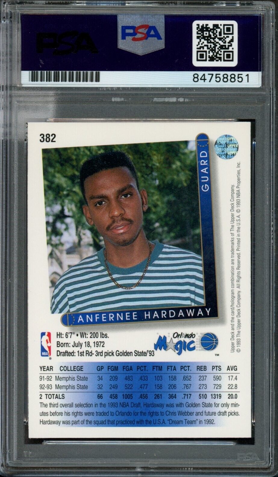 1993-94 Upper Deck Anfernee Hardaway #H30 Rookie Card Signed Magic PSA/DNA