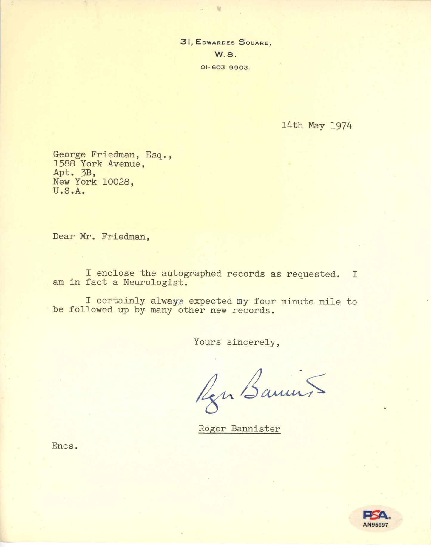 Roger Bannister Distance Runner Signed (TLS) Typed Letter Signed PSA/DNA 192086