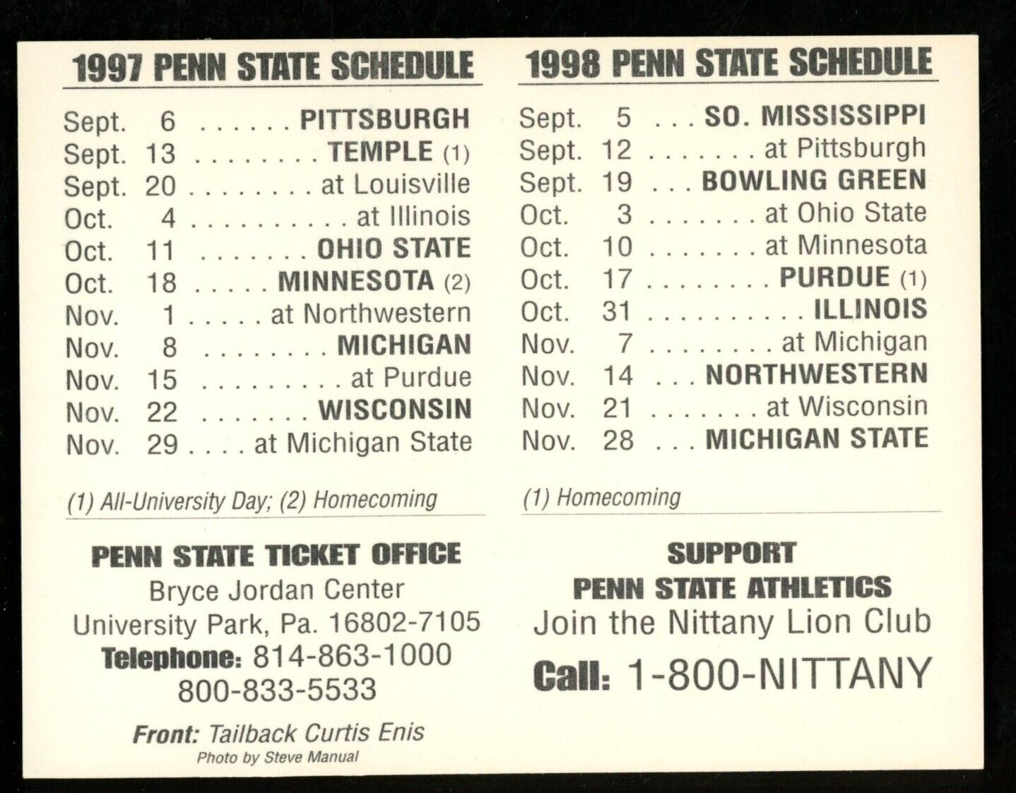 1997 Penn State Football 2.25x3.5 Pocket Schedule