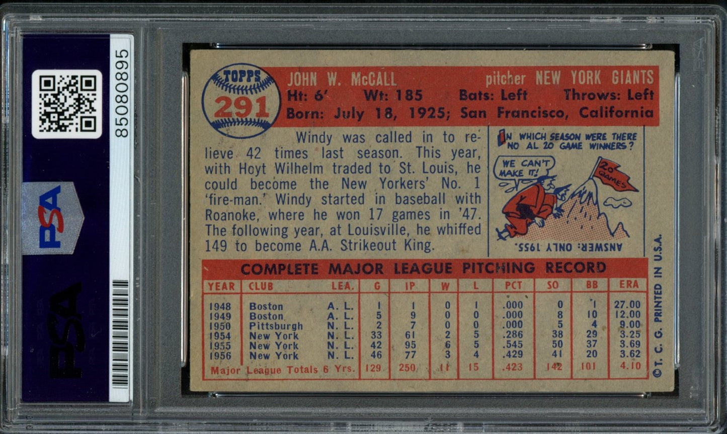 1957 TOPPS Windy McCall #291 Auth Card Signed NY Giants PSA/DNA 184131