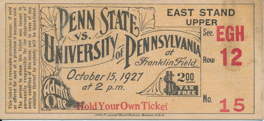 1927 Penn State vs. University of Pennsylvania Football Game Ticket Stub 148399