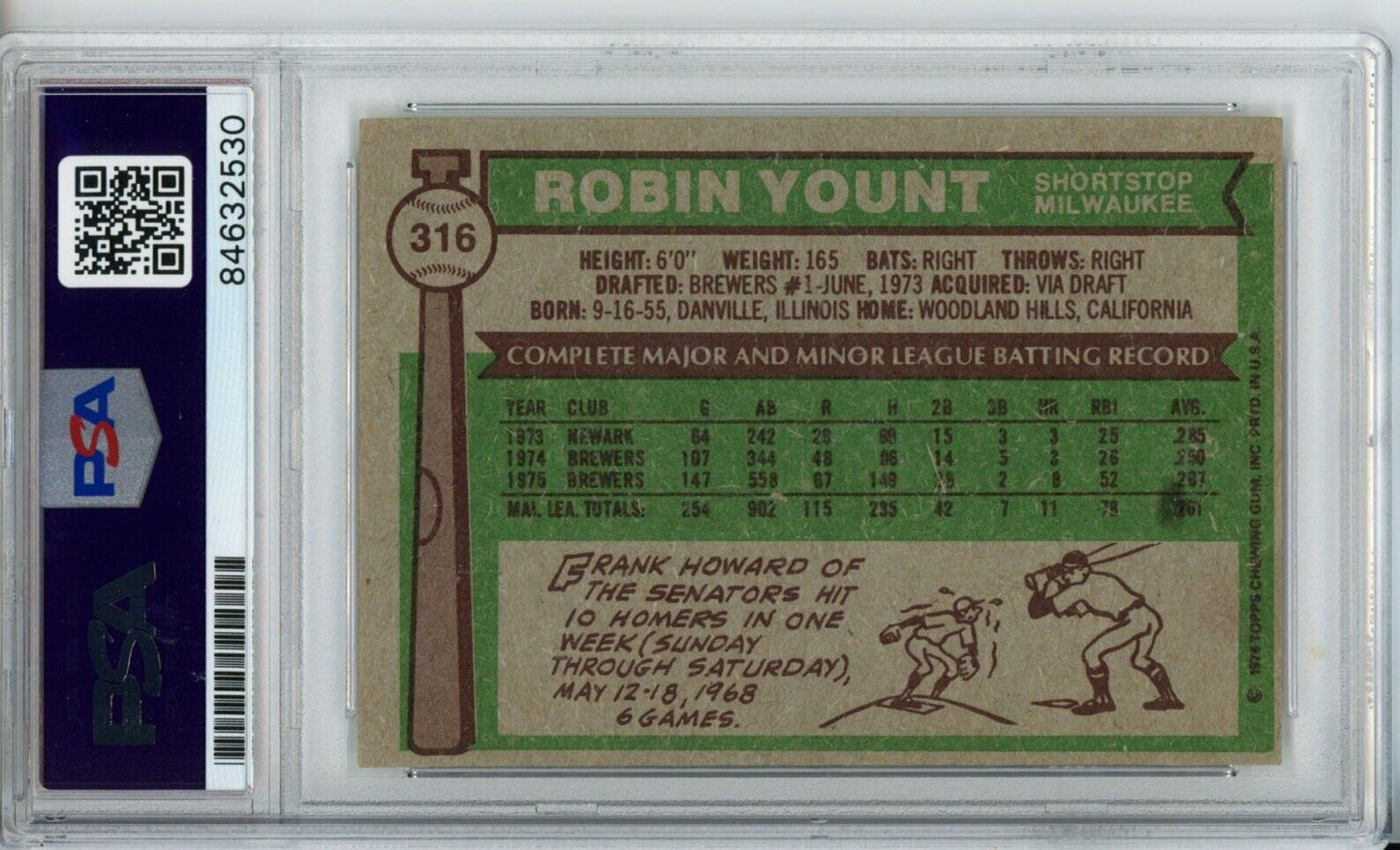 1976 Topps Robin Yount HOF #316 Card Signed Brewers PSA/DNA GEM MINT 10