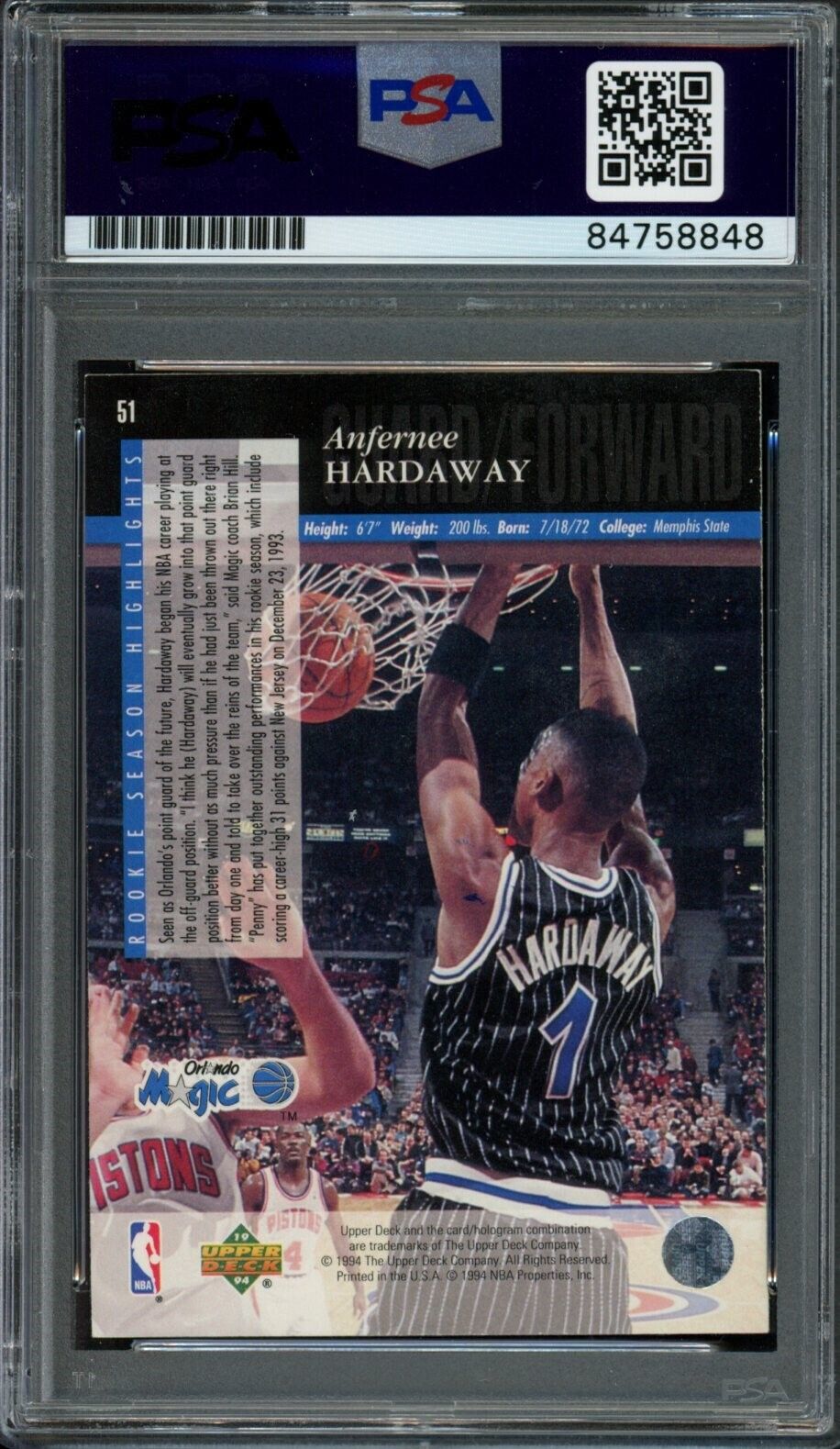 1993-94 Upper Deck Anfernee Hardaway #51 Rookie Card Signed Magic PSA/DNA 176112