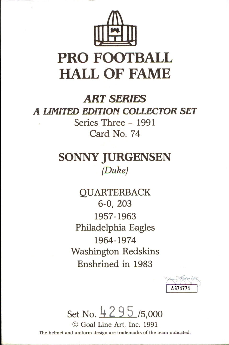 Sonny Jurgensen HOF Autographed Goal Line Art GLAC Postcard Redskins JSA