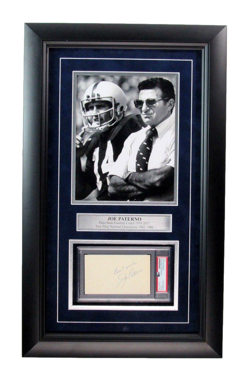 Joe Paterno Signed/Inscribed Cut Card w/ Photo Penn State Framed PSA/DNA 187183