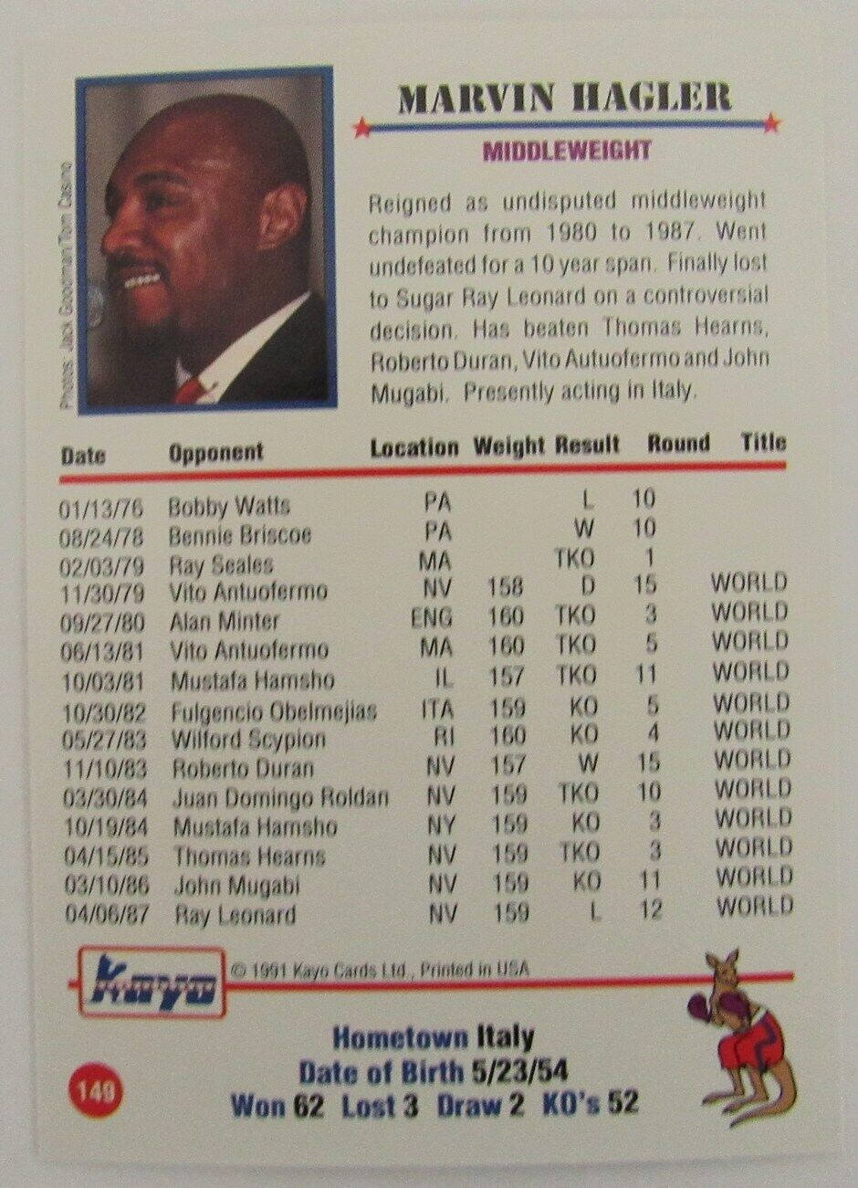 Lot of 10 Marvin Hagler Boxer 1991 Kayo Trading Cards #149 158129