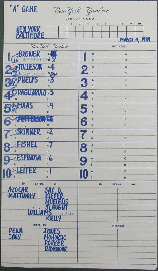 1989 New York Yankees Spring Training 9x15 Lineup Card vs.Orioles 150880