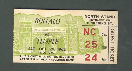 Temple Owls Football Ticket Stub 10/20/1962 vs. Buffalo 142245