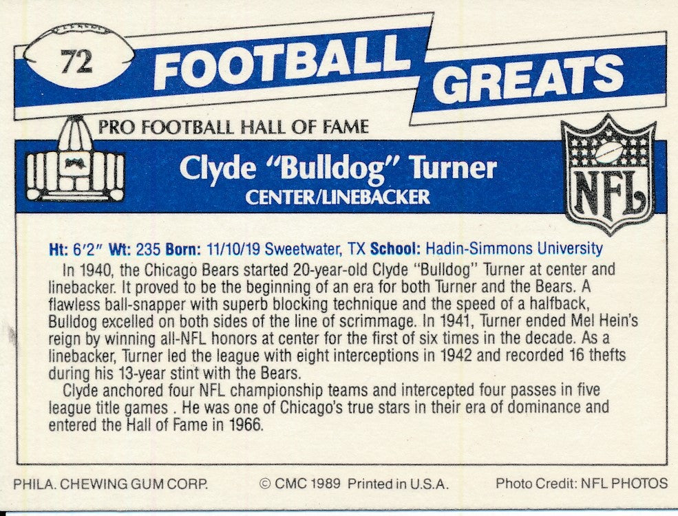 Clyde Turner HOF Signed/Autographed Chicago Bears 1990 Swell Card #72 151157