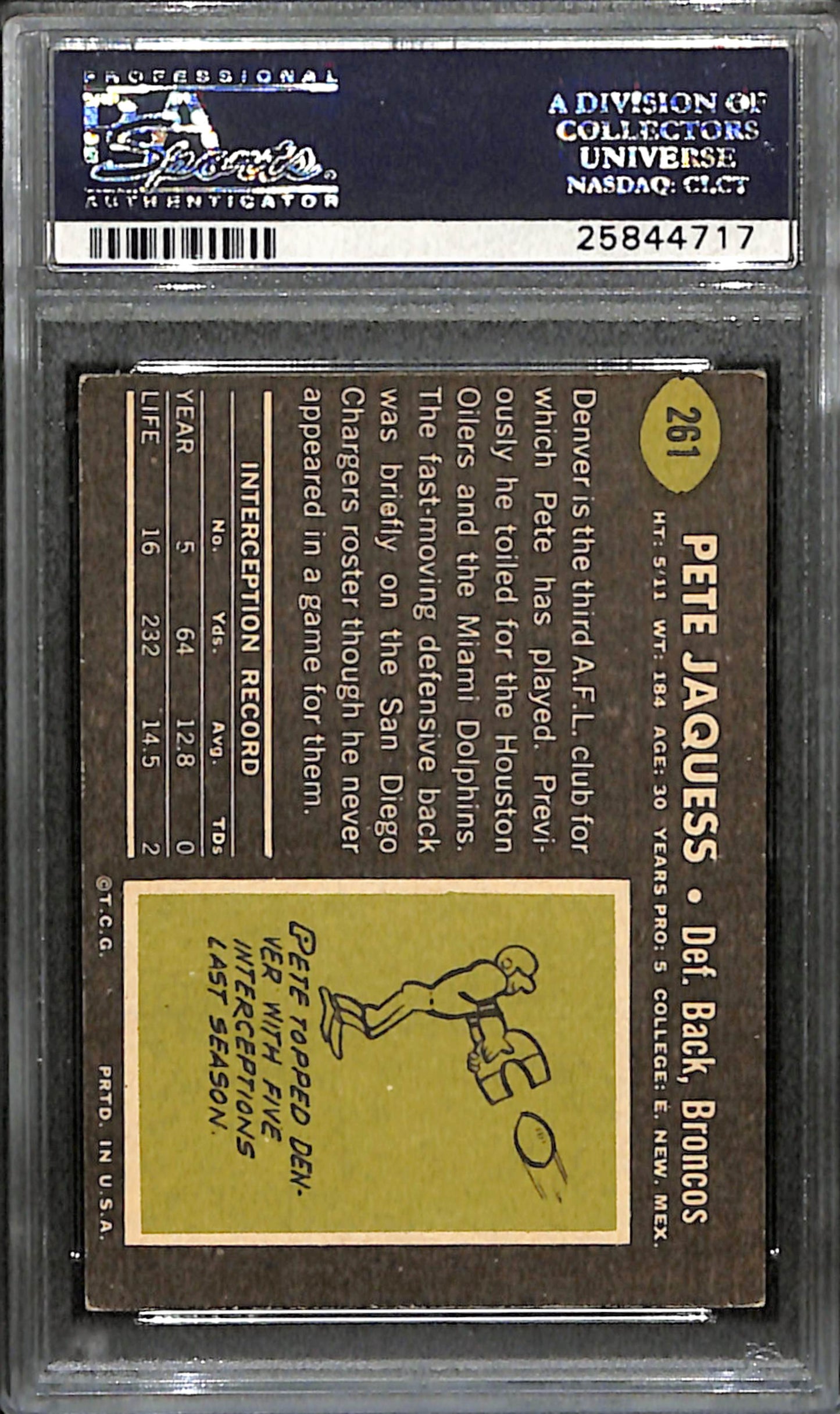 Pete Jaquess Signed 1969 Topps Card #261 Denver Broncos PSA/DNA 185980