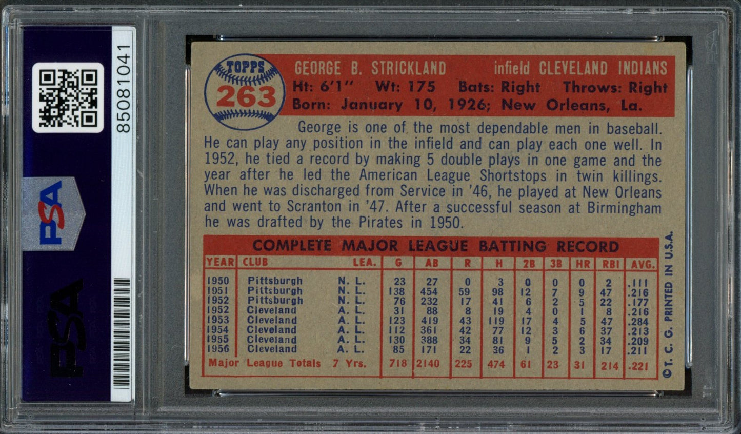 George Strickland Signed 1957 Topps Trading Card #263 Indians PSA/DNA 183586