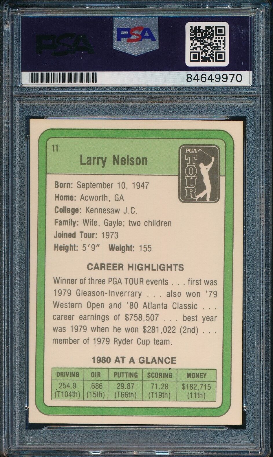 1981 DONRUSS PGA Larry Nelson #11 Authentic Card Signed PSA/DNA 176082