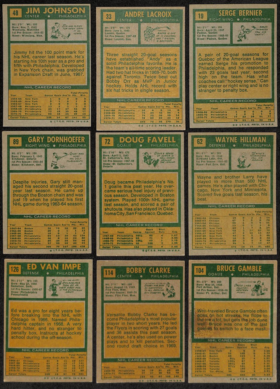 1971-72 Topps Hockey Philadelphia Flyers Complete Team Set (9/9) Cards 189199