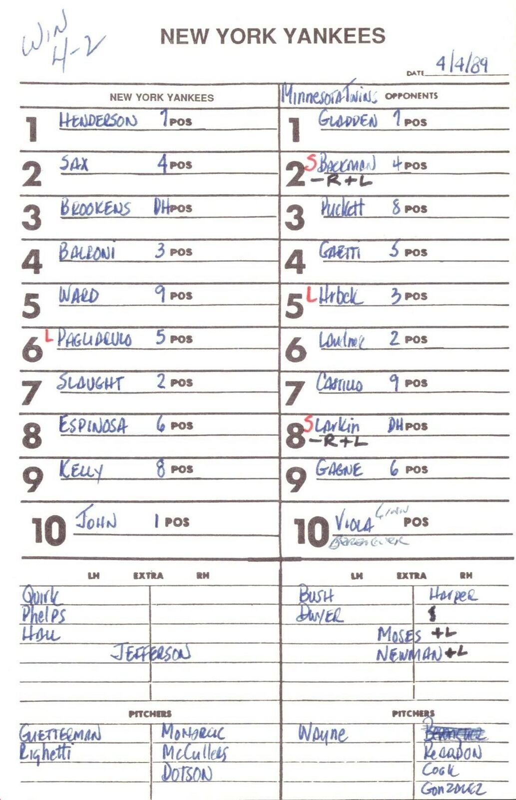 1989 New York Yankees Spring Training 5.5x8.5 Lineup Card vs.Twins 151518