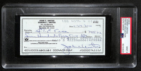 Johnny Unitas HOF Signed/Auto 2000 Bank Check Colts PSA/DNA MINT 9 192616