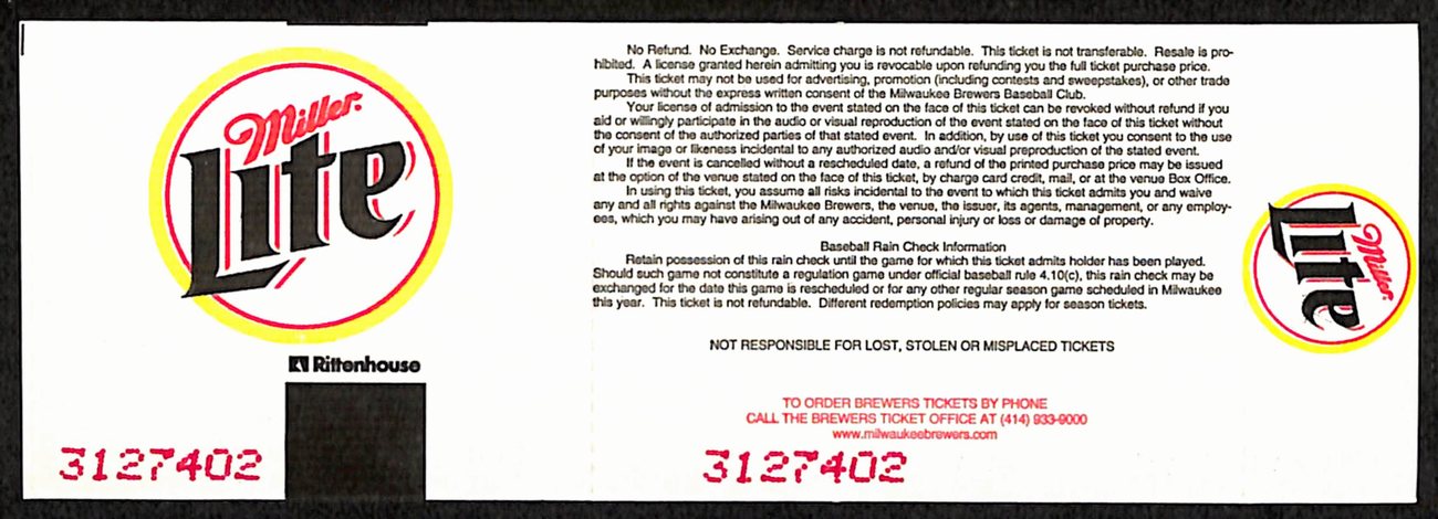 6/11/1999 Full Ticket Twins vs. Brewers Paul Molitor Number Retired BA187545