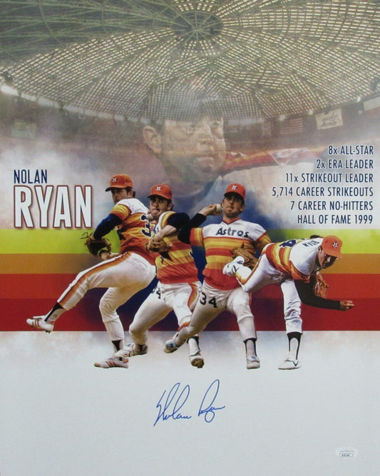 Nolan Ryan HOF Autographed 16x20 Photo with Stats Houston Astros JSA