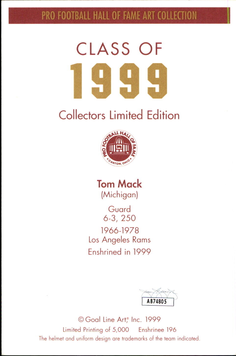 Tom Mack HOF Autographed/Inscr Goal Line Art GLAC Postcard Los Angeles Rams JSA