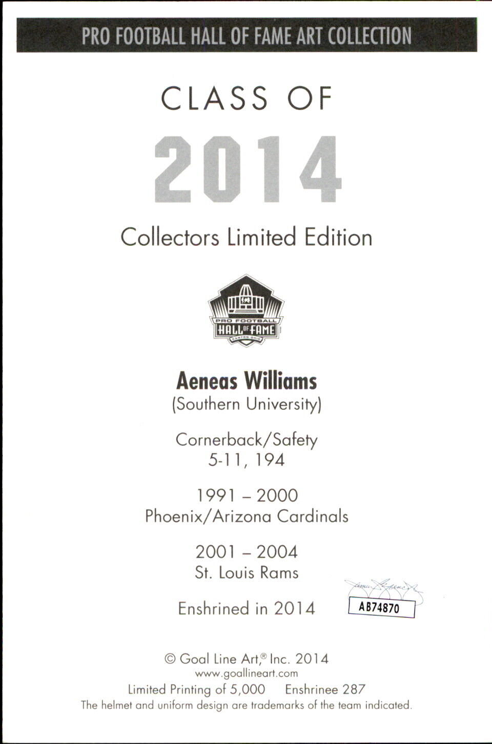 Aeneas Williams HOF Autographed/Inscr Goal Line Art GLAC Postcard Cardinals JSA
