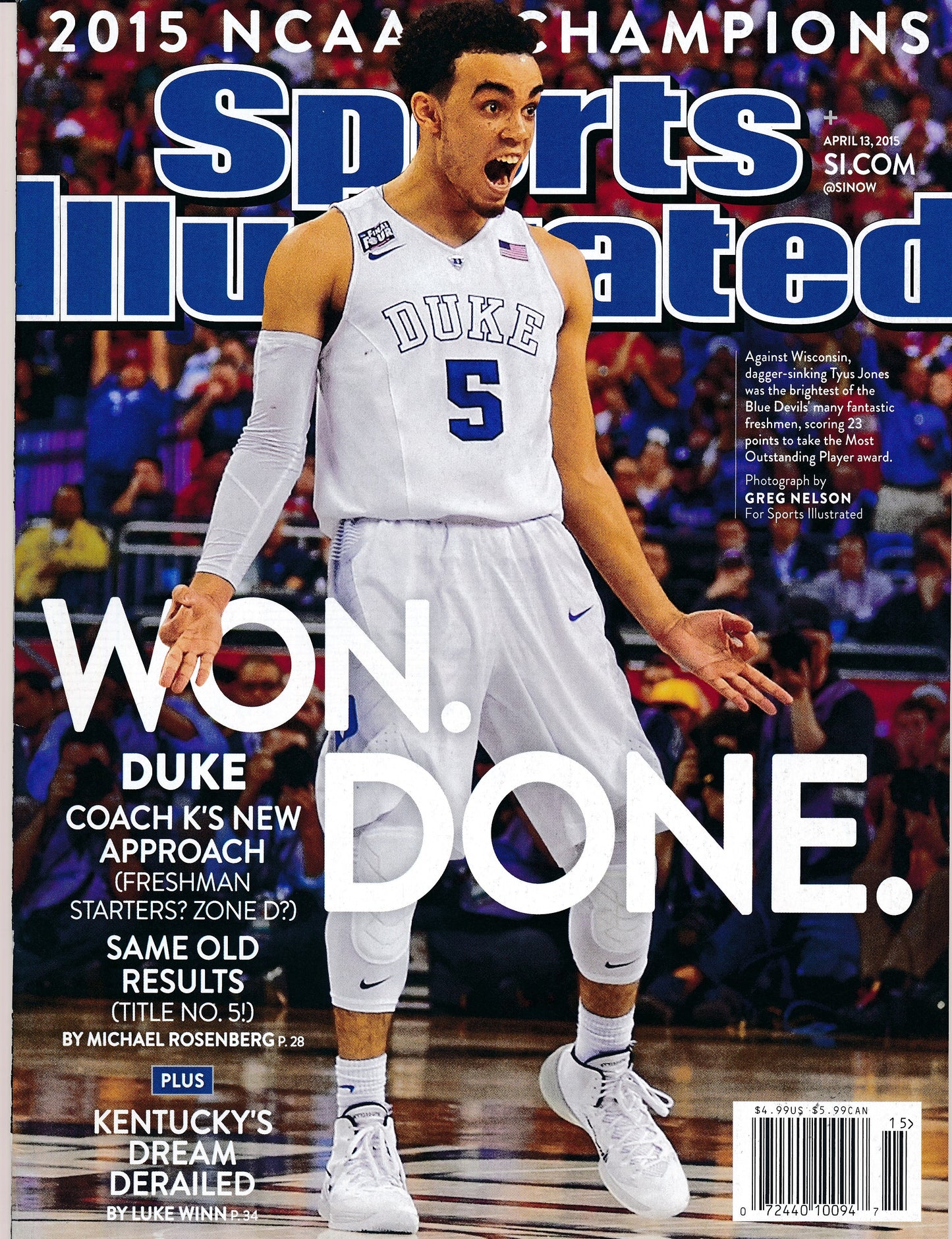 April 13, 2015 Tyus Jones Duke Sports Illustrated Magazine NO LABEL 182343