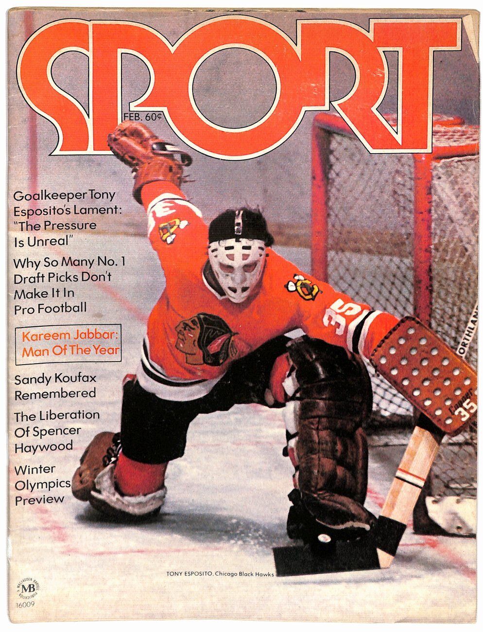 Febraury 1972 Sport Magazine Tony Esposito Chicago Blackhawks NO LABEL 181619