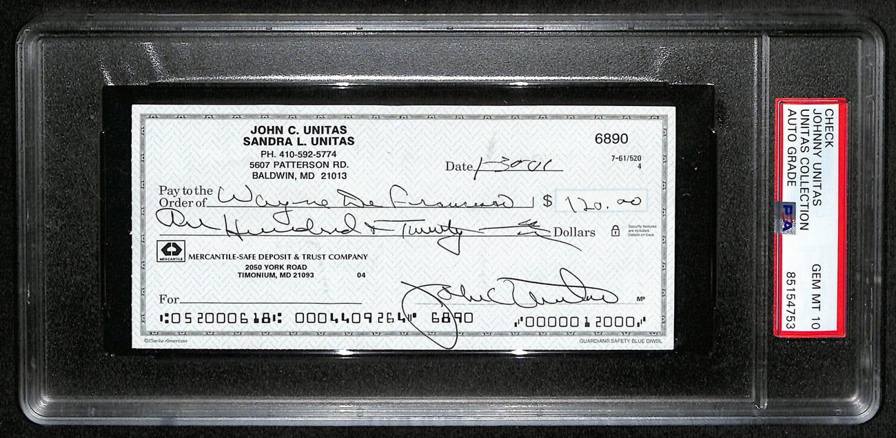 Johnny Unitas HOF Signed/Auto 2000 Bank Check Colts PSA/DNA GEM MT 10 189588