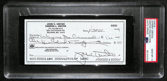 Johnny Unitas HOF Signed/Auto 2000 Bank Check Colts PSA/DNA GEM MT 10 189588