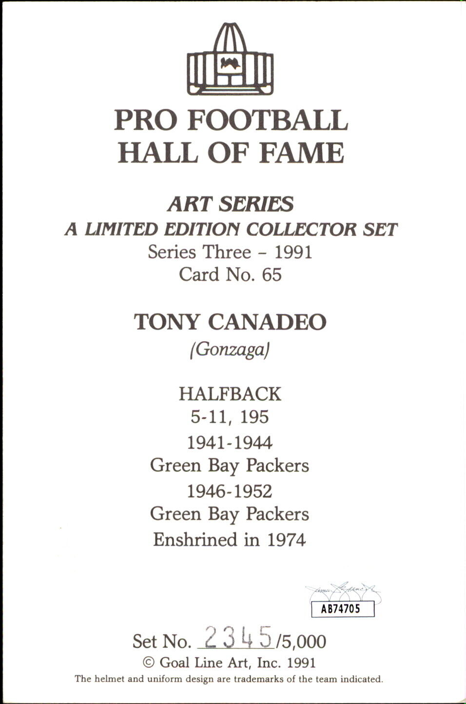 Tony Canadeo HOF Autographed Goal Line Art GLAC Postcard Green Bay Packers JSA