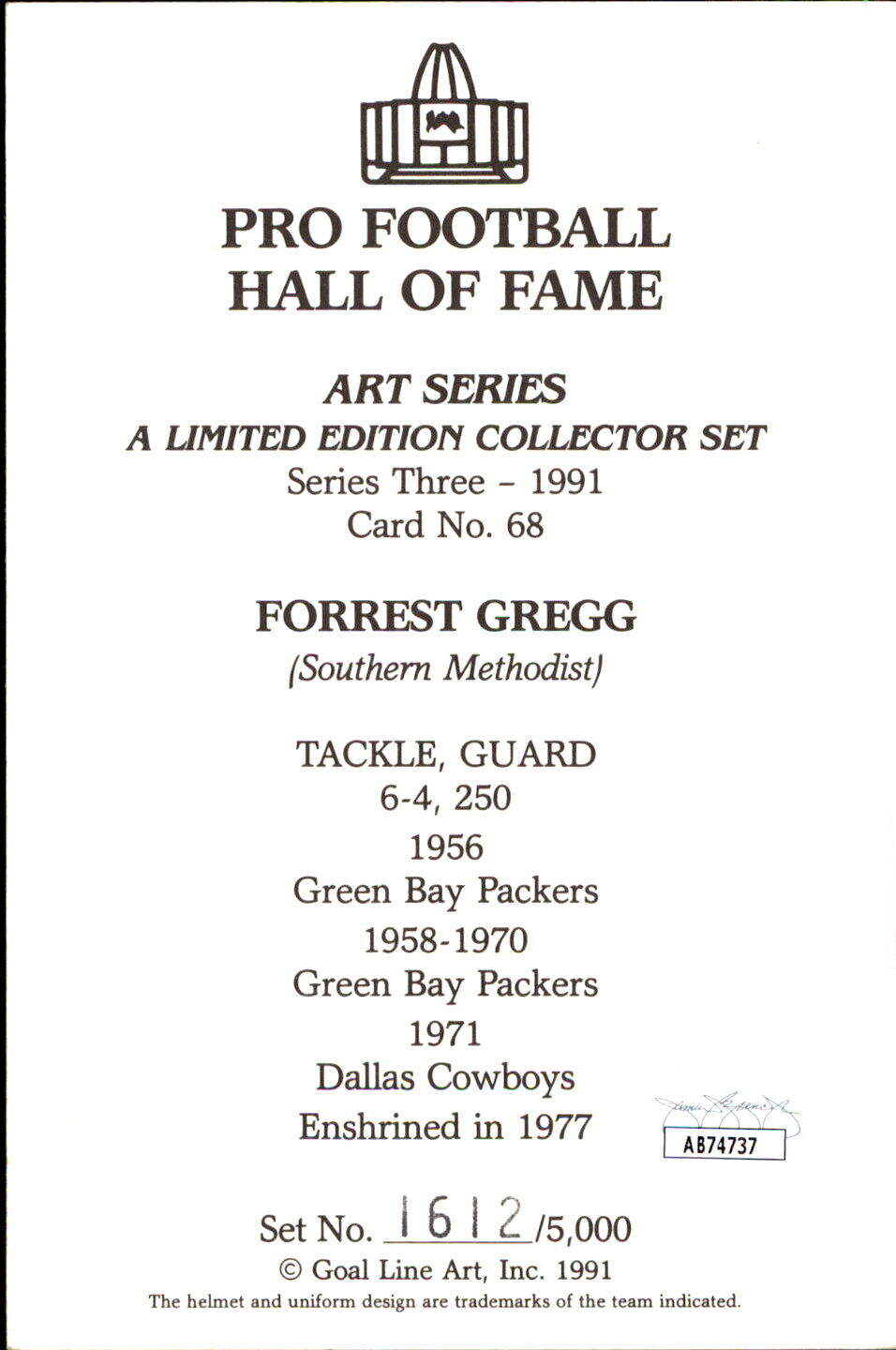 Forrest Gregg HOF Autographed/Inscribed Goal Line Art GLAC Postcard Packers JSA