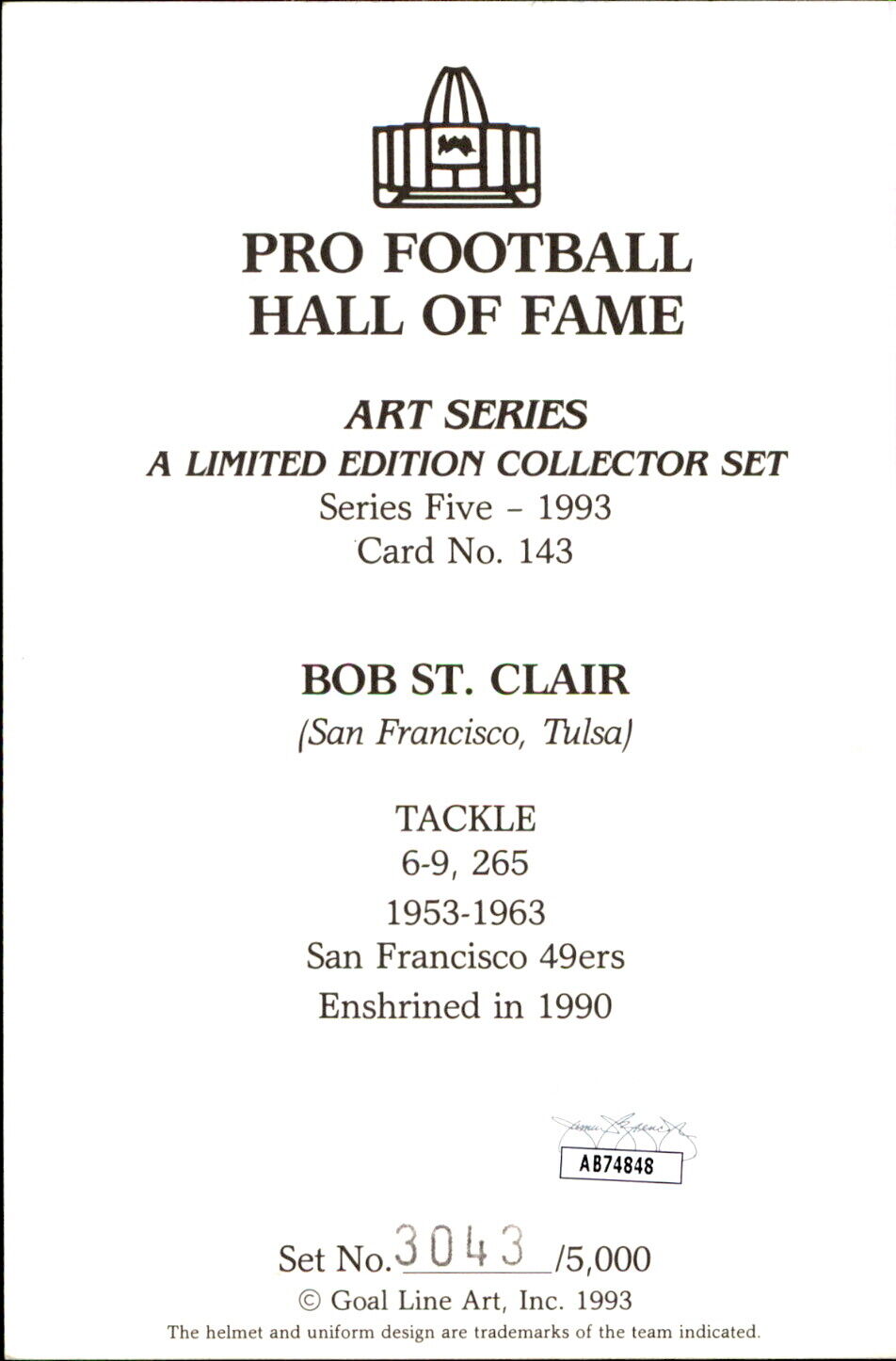 Bob St. Clair HOF Autographed Goal Line Art GLAC Postcard 49ers JSA