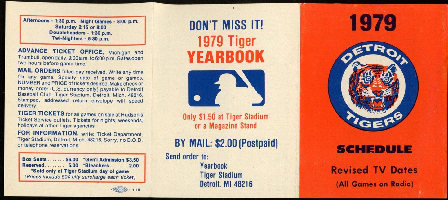 1979 Detroit Tigers Baseball Team 2.5x3.25 Pocket Schedule