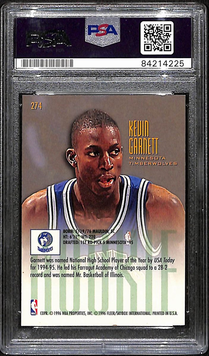 Kevin Garnett HOF Signed/Auto 1995 Fleer Rookie Card #274 Wolves PSA/DNA 193463