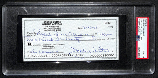 Johnny Unitas HOF Signed/Auto 2001 Bank Check Colts PSA/DNA MINT 9 192615