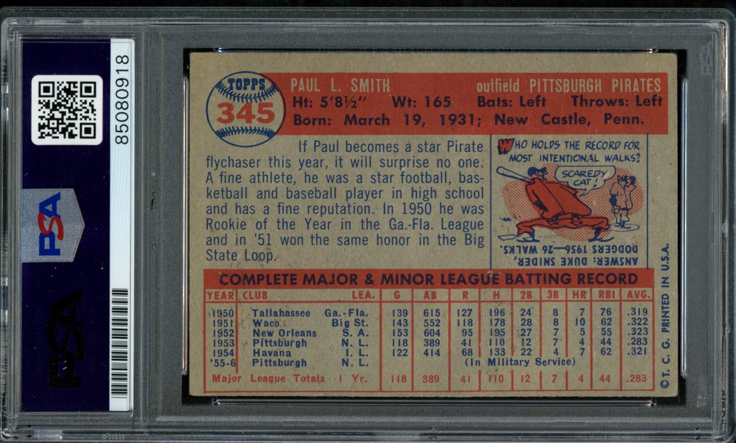 1957 TOPPS Paul Smith #345 Auth Card Signed Pittsburgh Pirates PSA/DNA 184091