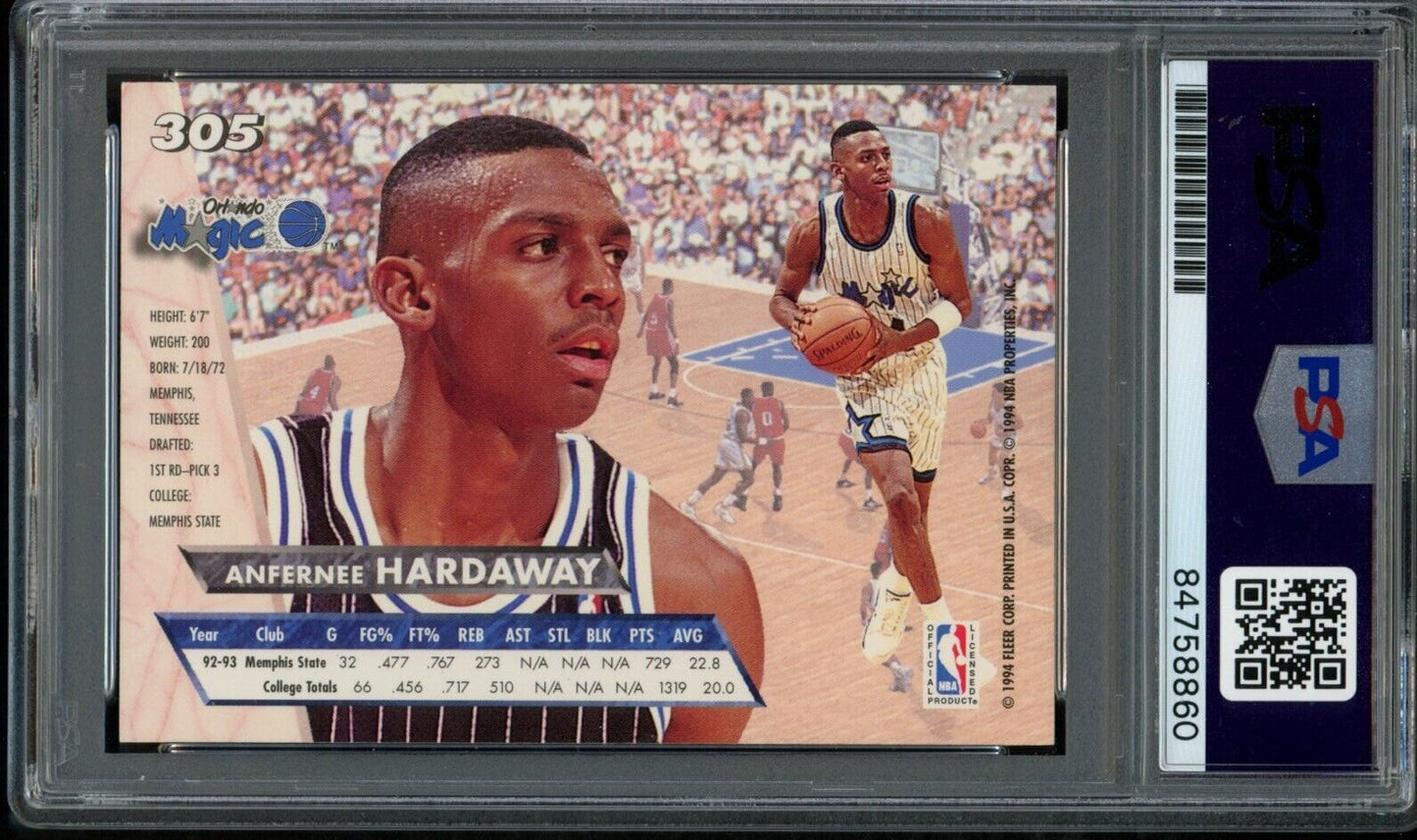 1993-94 Fleer Ultra Anfernee Hardaway #305 Rookie Card Signed Magic PSA/DNA