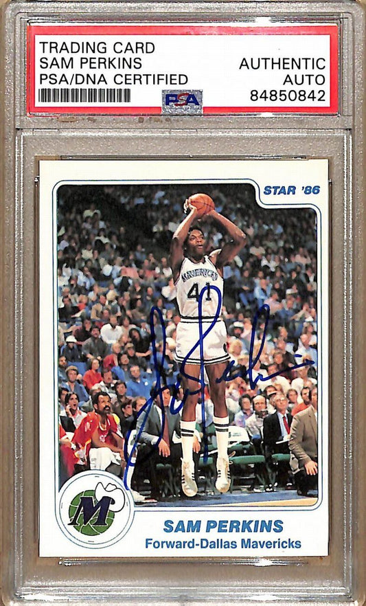 1985-86 Star Company #164 Sam Perkins Mavericks Signed Card PSA/DNA 178885