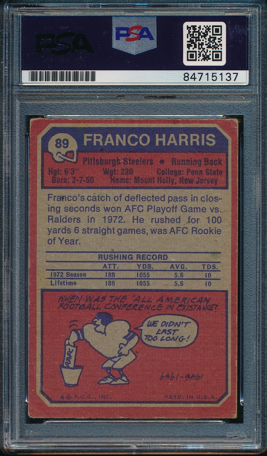 1973 TOPPS Rookie Franco Harris HOF #89 Card Signed Steelers PSA/DNA 176344