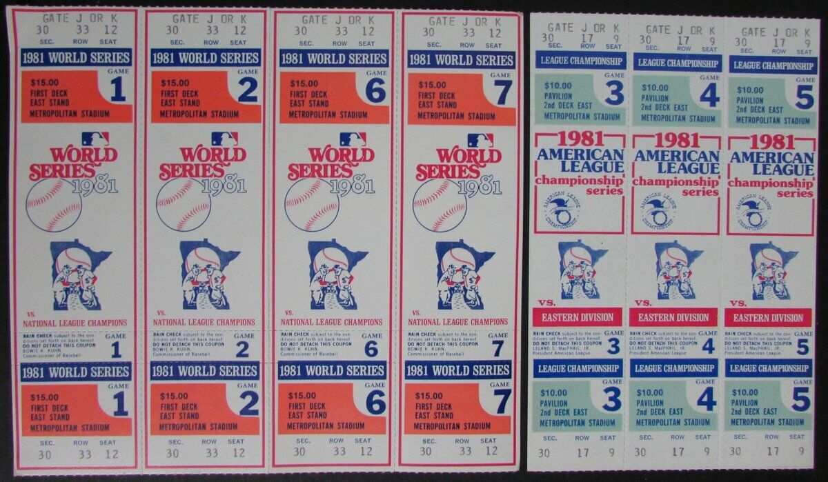 1981 Minnesota Twins Phantom World Series and ALCS Full Tickets 145454