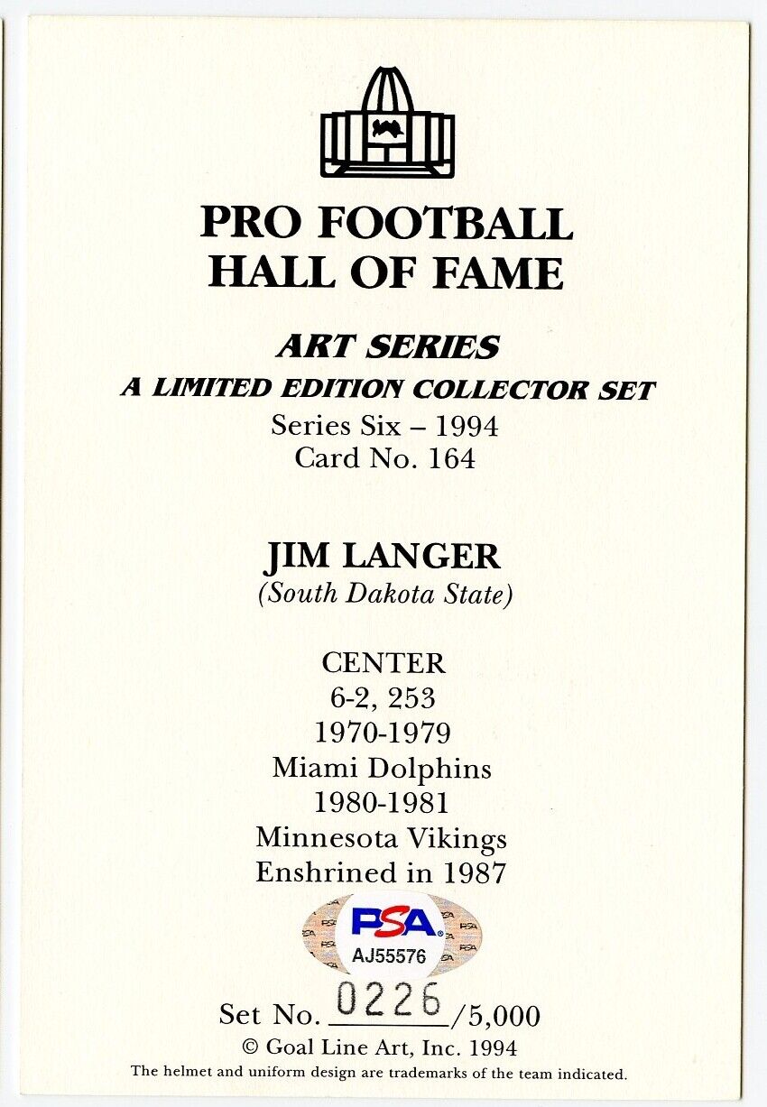 Jim Langer Signed Goal Line Art GLAC Postcard w/HOF Dolphins PSA/DNA 160274
