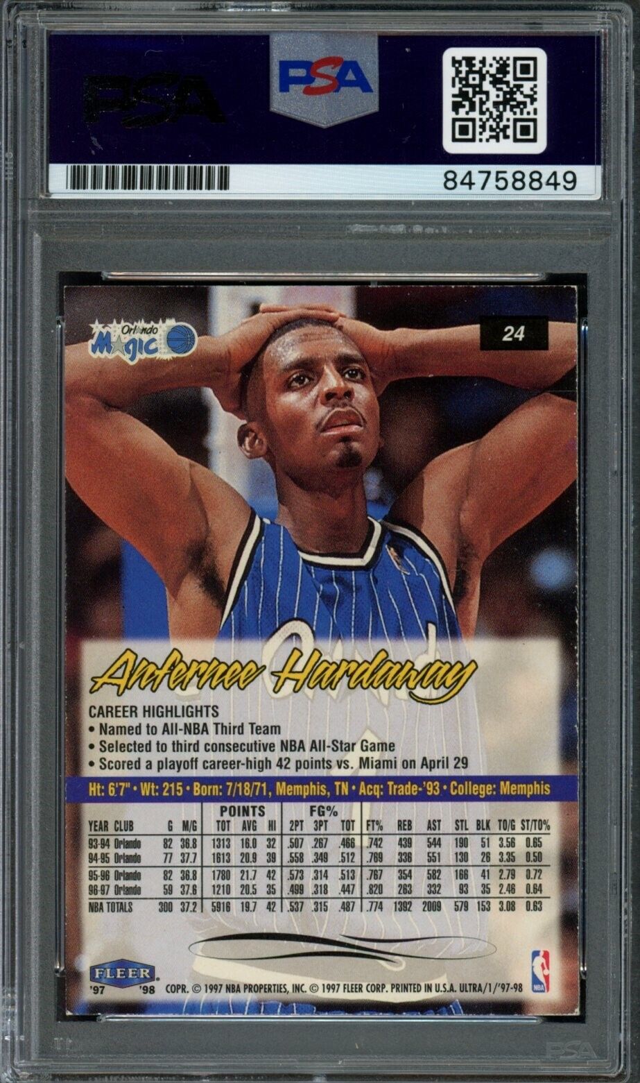 1997-98 Fleer Ultra Anfernee Hardaway #24 Authentic Card Signed Magic PSA/DNA