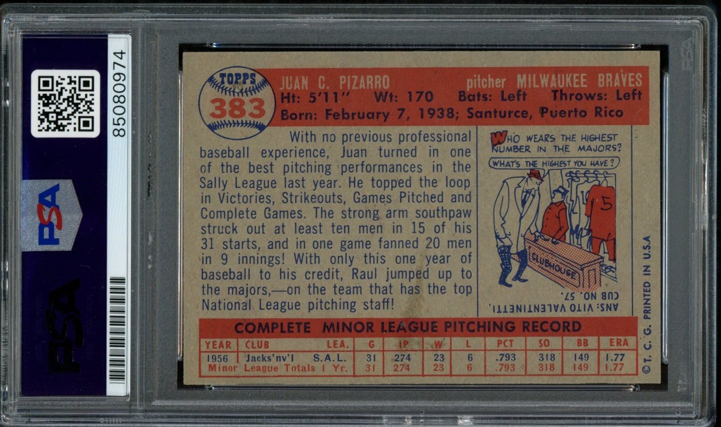 Juan Pizarro Signed 1957 Topps Card #383 Milwaukee Braves PSA/DNA 184154
