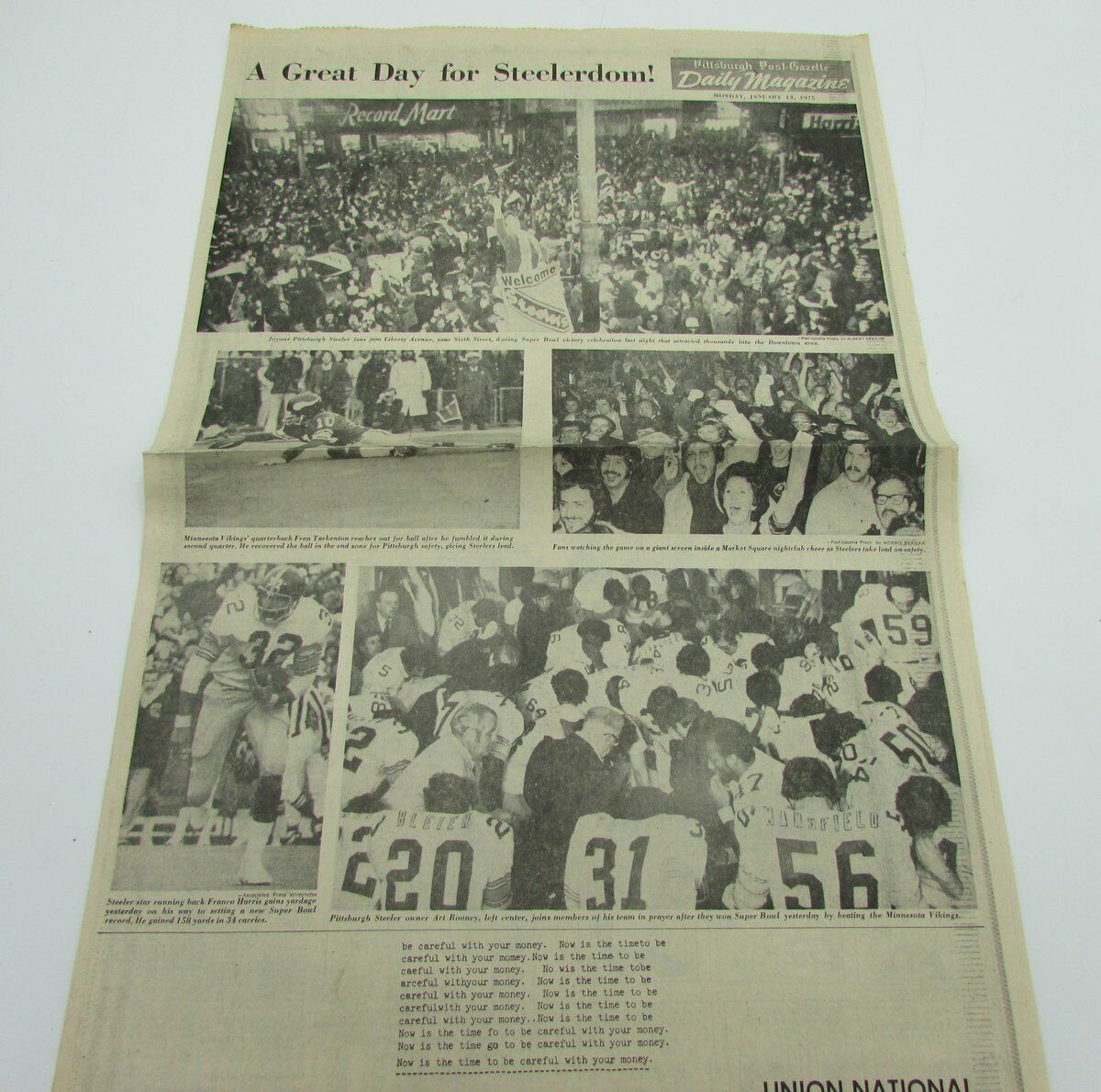 The Pittsburgh Post-Gazette 1975 Steelers SUPER BOWL IX Newspaper 142554