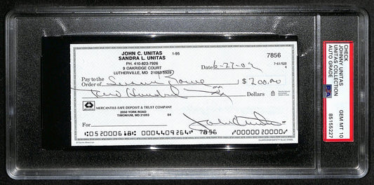 Johnny Unitas Signed 6/27/02 Check PSA/DNA GEM MT 10 188656