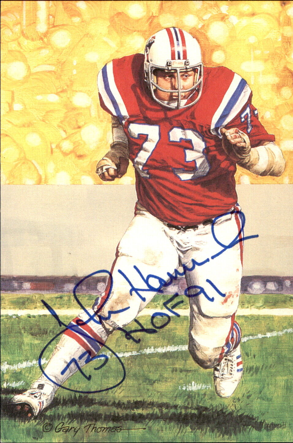 John Hannah HOF Autographed/Inscr Goal Line Art GLAC Postcard Patriots JSA