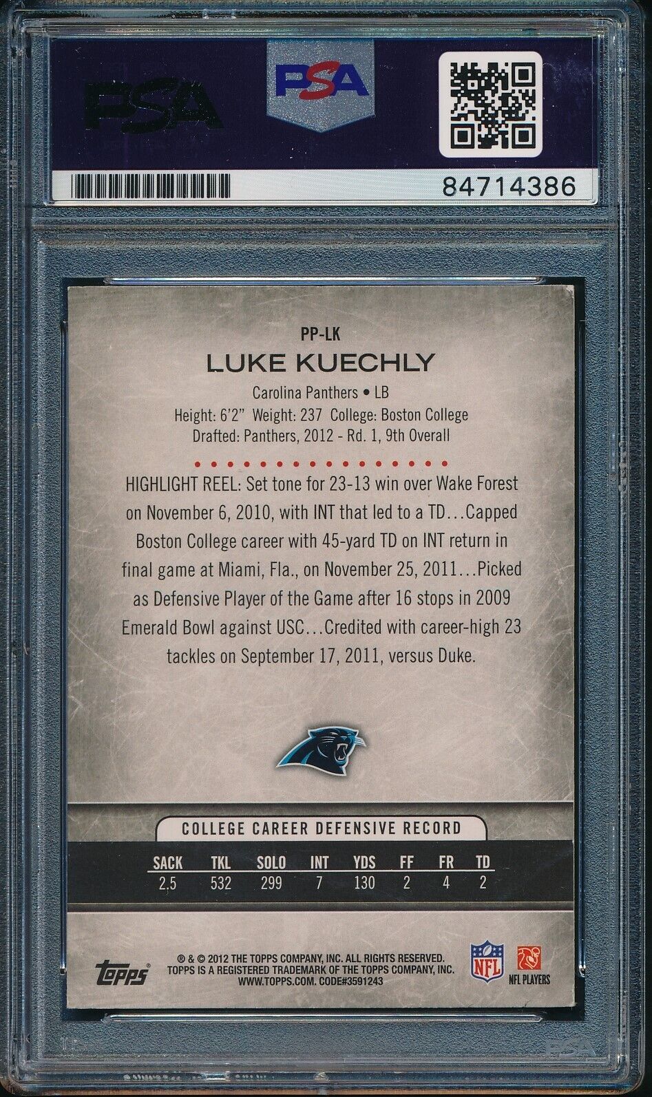 2012 TOPPS Profile Luke Kuechly #PP-LK Card Signed Panthers PSA/DNA 176365