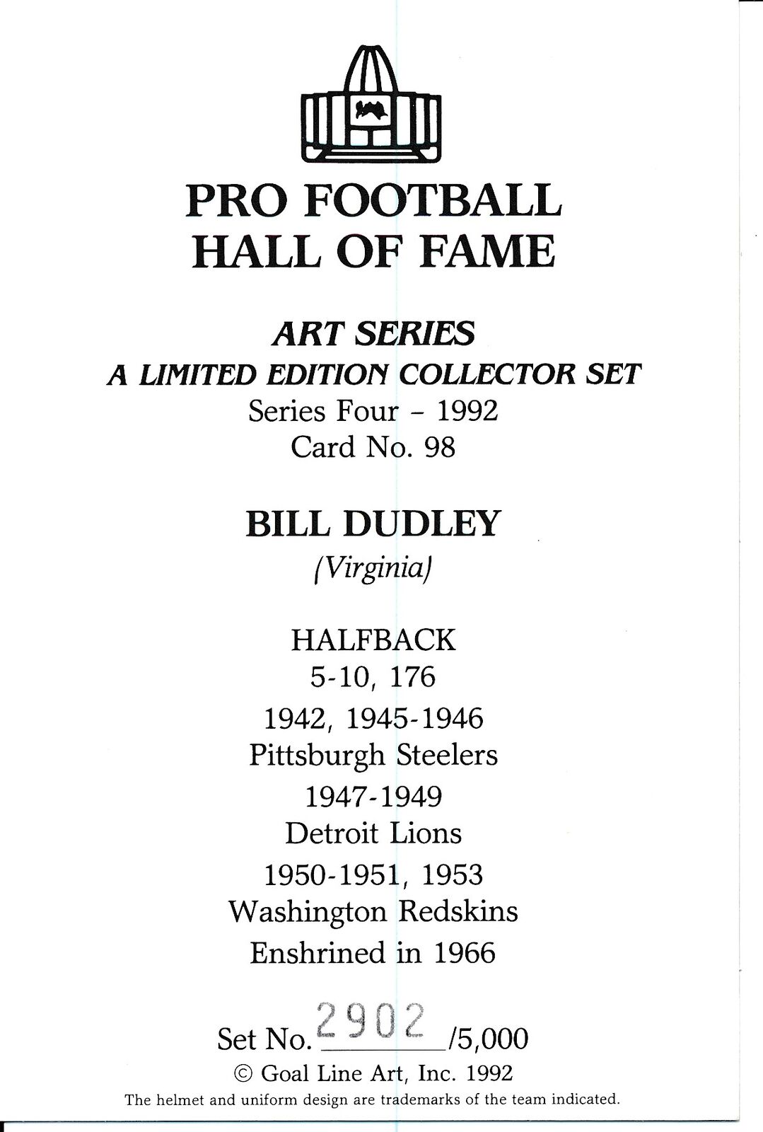 Bullet Bill Dudley HOF Steelers Signed/Auto Goal Line Art GLAC Postcard 163848