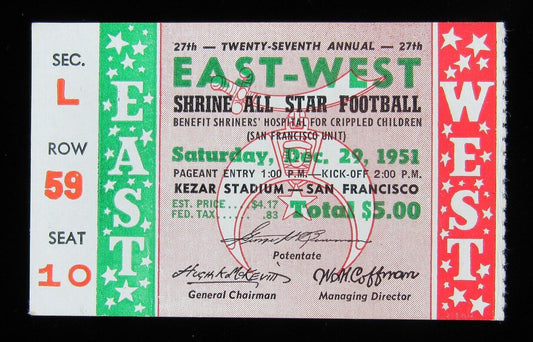 1951 Shrine Bowl East vs. West Ticket Stub, Kezar Stadium, SF California