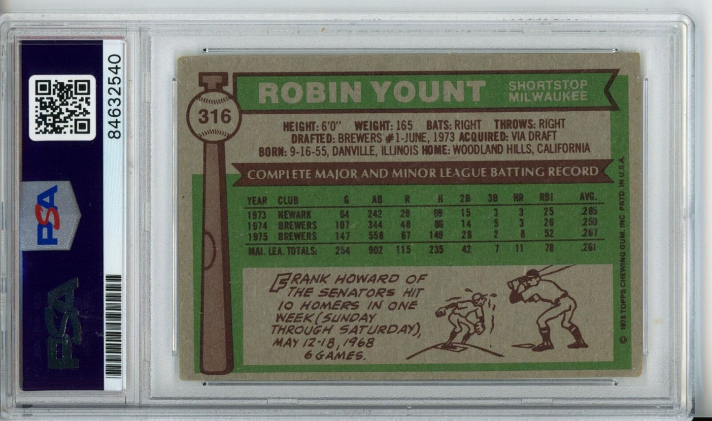 1976 Topps Robin Yount HOF #316 Card Signed Brewers PSA/DNA GEM MINT 10