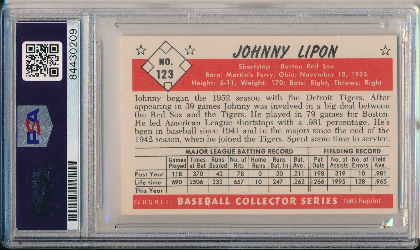 Johnny Lipon Red Sox Signed/Autographed 1983 Reprint Card #123 PSA/DNA 164538