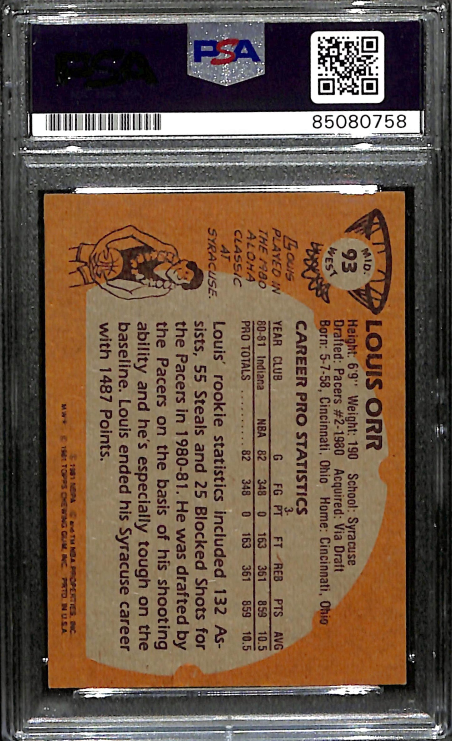 Louis Orr Signed 1981 Topps Card #93 Indiana Pacers PSA/DNA 185749